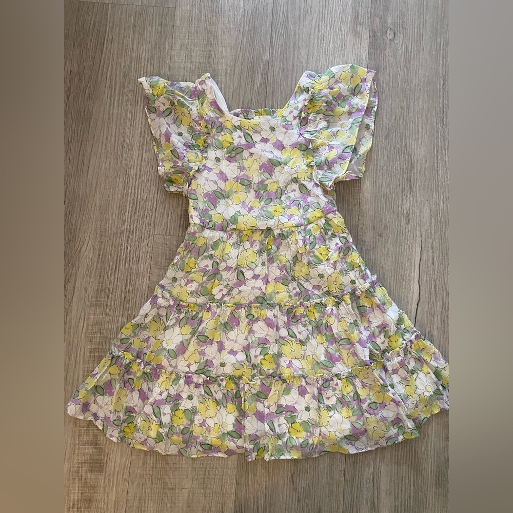 Trende Girl Pastel Floral Flutter Sleeve Tiered Smock Back Dress - Size 7